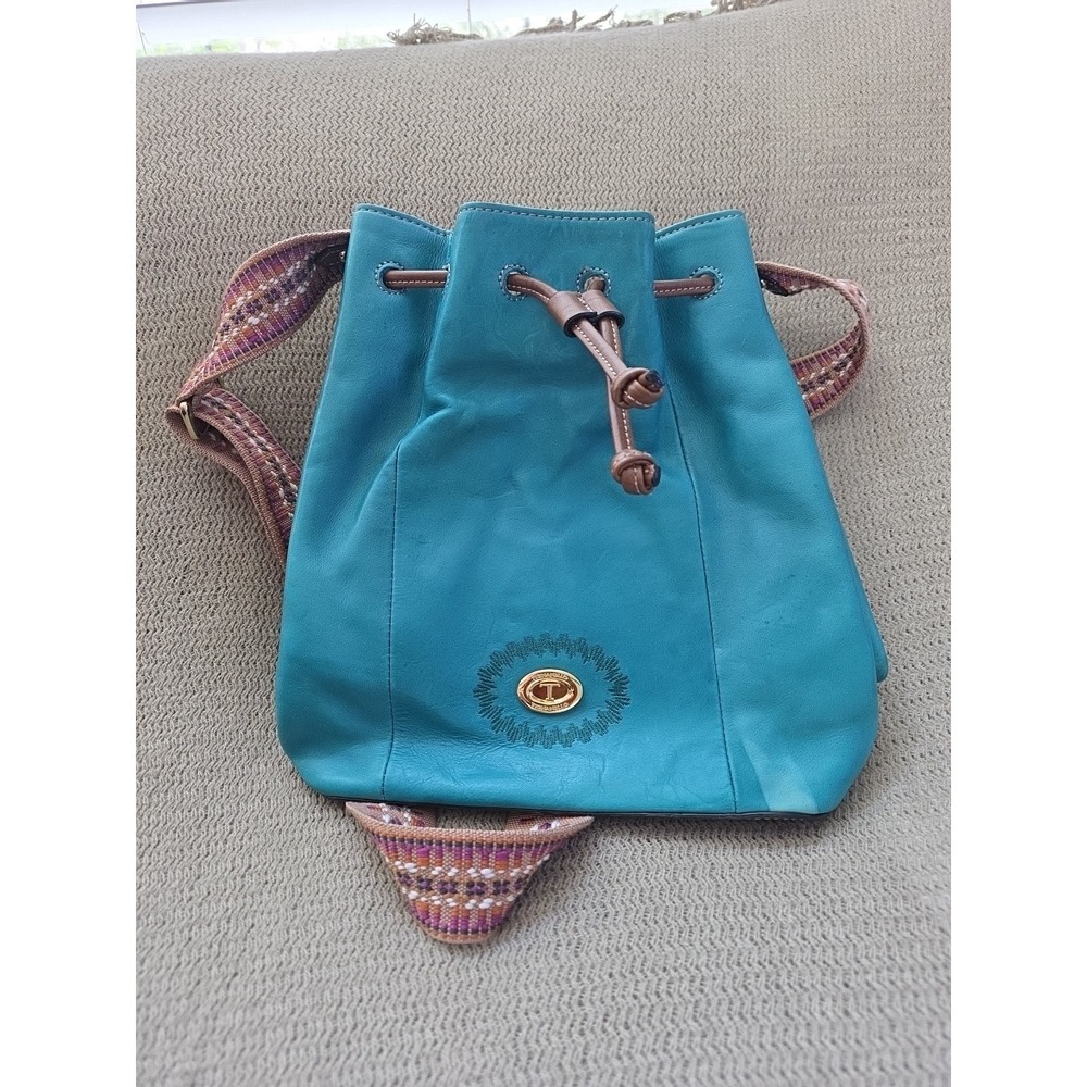 Tignanello Leather Crossbody Milan Peacock (Turquoise) Drawstring Bag Gorgeous